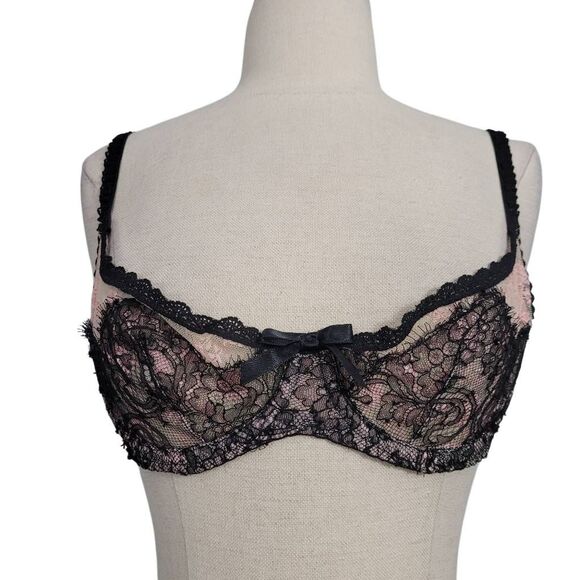 Agent Provocateur Black Pink Lace Sheer Balconette Bra Sz 32C Sexy Wired Siren - Picture 1 of 8